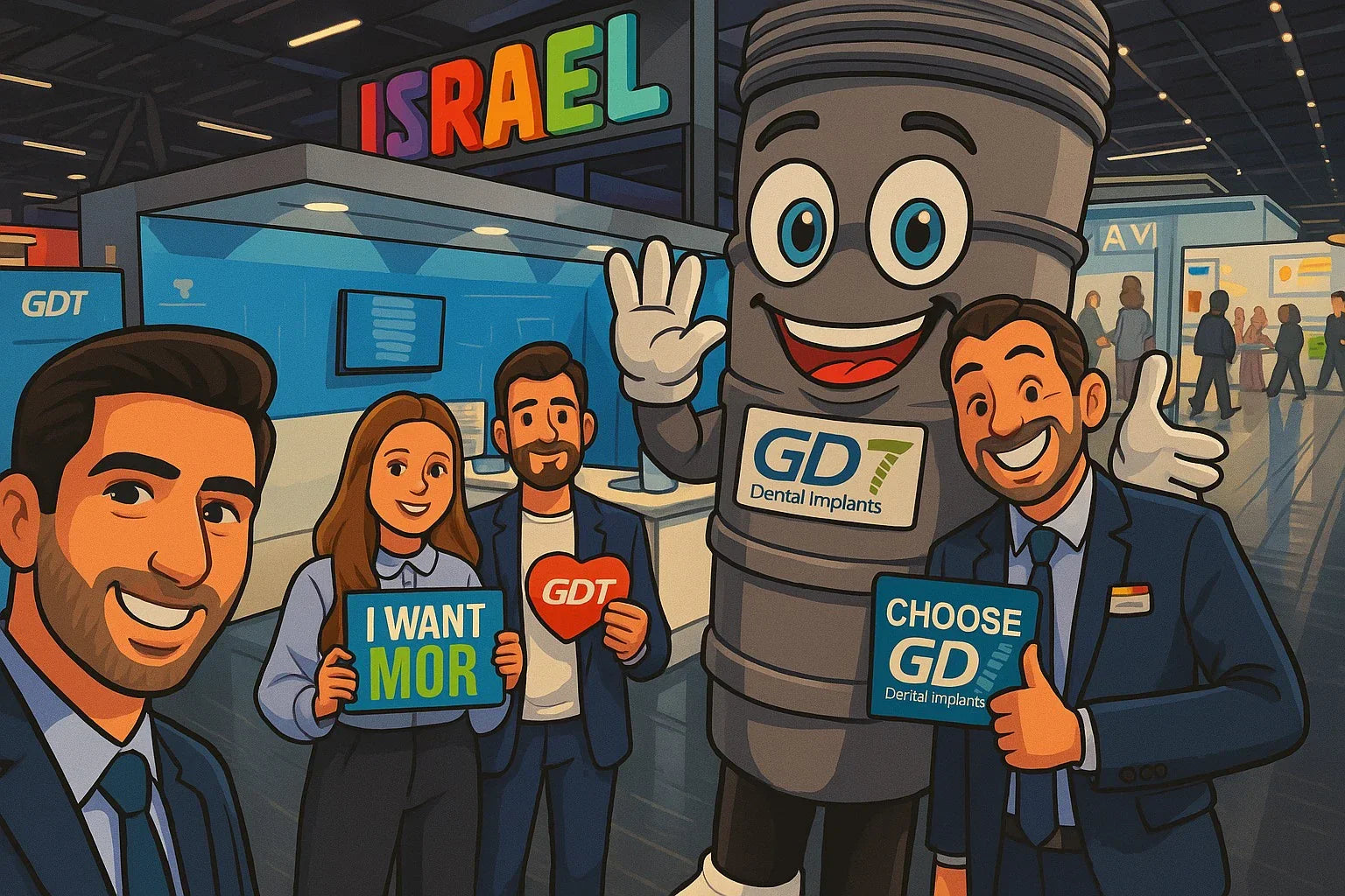 Yakir and the GDT Team infront of the booth, holding "Choose GDT Dental Implants" sign, "I want MOR" sign, Heart Shaped sign, "All Solutions for a perfect smile" sign - smiling and enjoying the moment