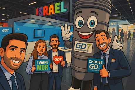 Yakir and the GDT Team infront of the booth, holding "Choose GDT Dental Implants" sign, "I want MOR" sign, Heart Shaped sign, "All Solutions for a perfect smile" sign - smiling and enjoying the moment