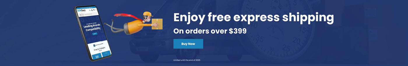 OEMDent banner promoting free express shipping on orders over $399, featuring 3D delivery figure, smartphone screen, and call-to-action button.