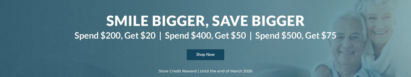 Promotional banner with text 'Smile Bigger, Save Bigger' and a couple smiling.