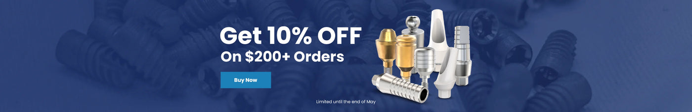 OEMDent.com promotion on orders over $200, text with prosthetics components on a blue background