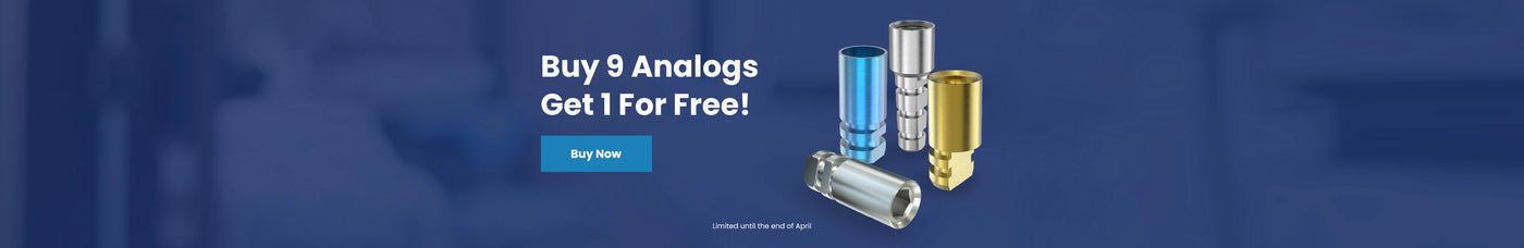 Promotional banner displaying multiple dental implant analogs, with the text: Buy 9 analogs, get 1 free at OEMDent.com